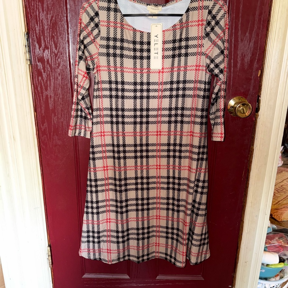 Yelete Plaid Shift Dress in Beige, Black & Coral Red